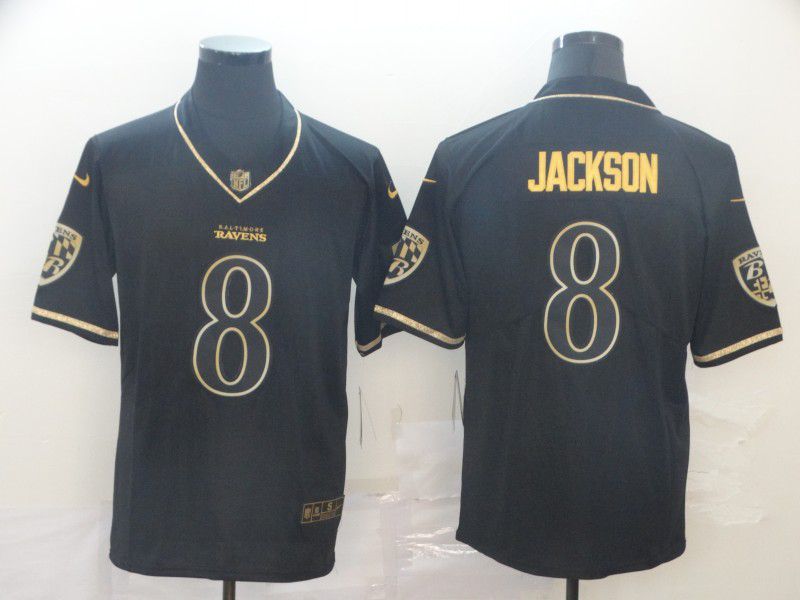 Men Baltimore Ravens #8 Jackson Black Retro gold character Nike NFL Jerseys->baltimore ravens->NFL Jersey